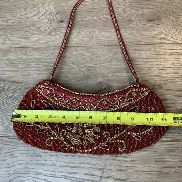 Beaded Purse Clutch Burgundy Satin Copper Gold Color Beads Zip Close, Strap Vtg - Picture 6 of 10
